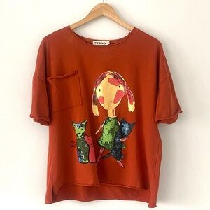 YESNO Graphic Oversized Boxy T Shirt Cat lover Raw Hem distressed Tee Sz Medium